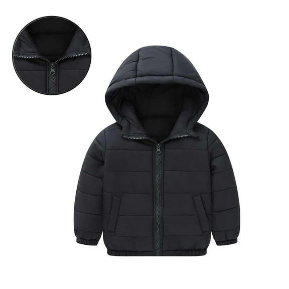 Toddler Boy Winter Coat with Hooded Puffer Jacket Black Coat Zip up Long Sleeve Waterproof Boys Thicken Jacket Fall Jackets for Girls 1-2 Years