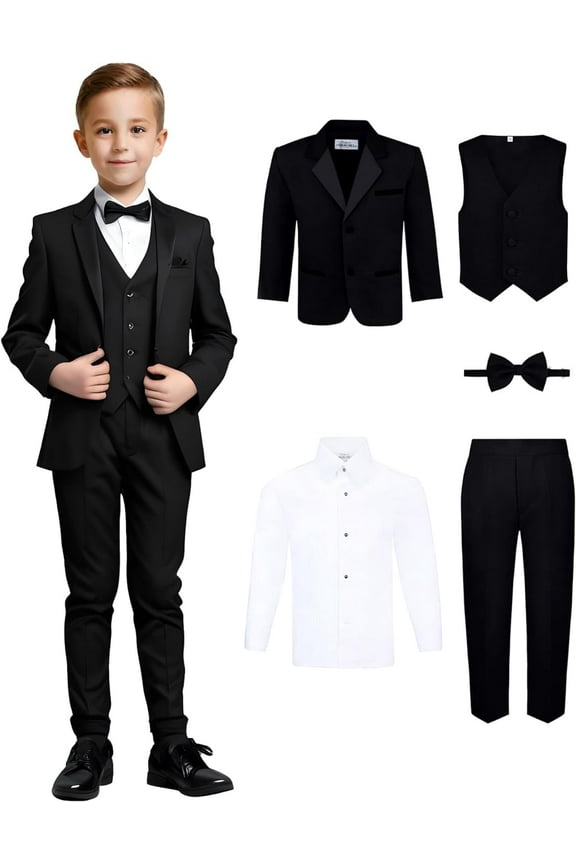 S.H. Churchill & Co 5-Piece Boys' Tuxedo Suit Set | Includes a Premium Formal Jacket, Pants, Shirt, Vest , and Bow Tie