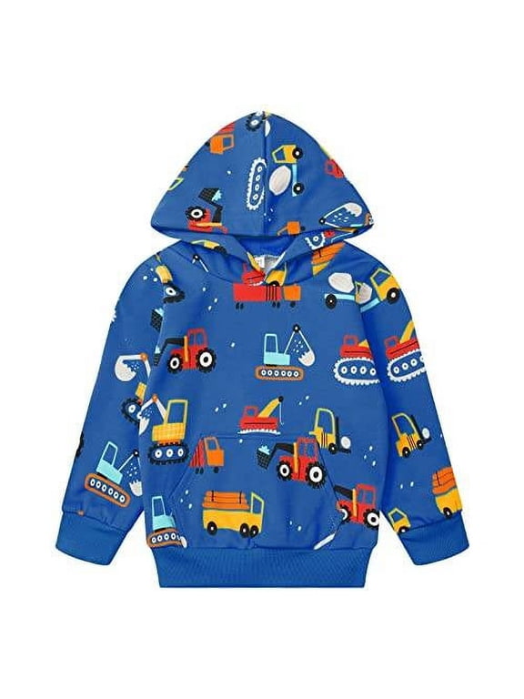 Toddler Boy's Crewneck Deep Blue Engineering Vehicle Sweatshirt Fall Winter Clothes Long Sleeve Shirt Top Outfit 5t(Excavator-8142)