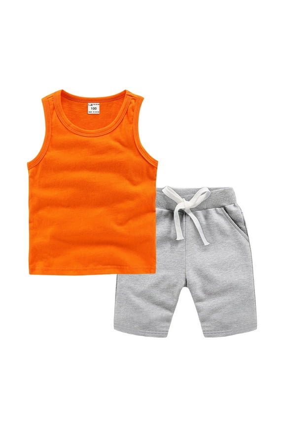 Toddler Boy's Girls Sleeveless T-Shirt and Short Set Girls Summer Cartoon Prints Tank Tops Elastic Shorts for Children Clothes Summer Dailywear Set (6-7 Years,Orange) Boy Summer Set