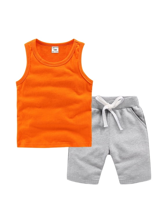 Toddler Boy's Girls Sleeveless T-Shirt and Short Set Girls Summer Cartoon Prints Tank Tops Elastic Shorts for Children Clothes Summer Dailywear Set (7-8 Years,Orange) Boy Summer Set