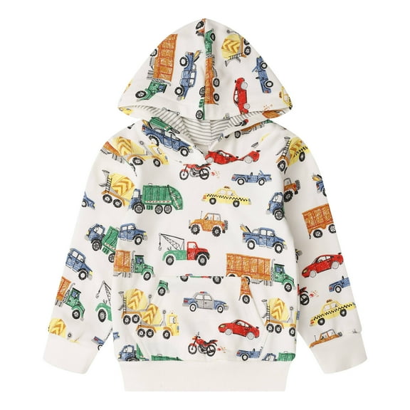 Toddler Boy's Hooded Pearl White Vehicle Sweatshirt Fall Winter Clothes Long Sleeve Shirt Top Outfit 4t(Car-8146)