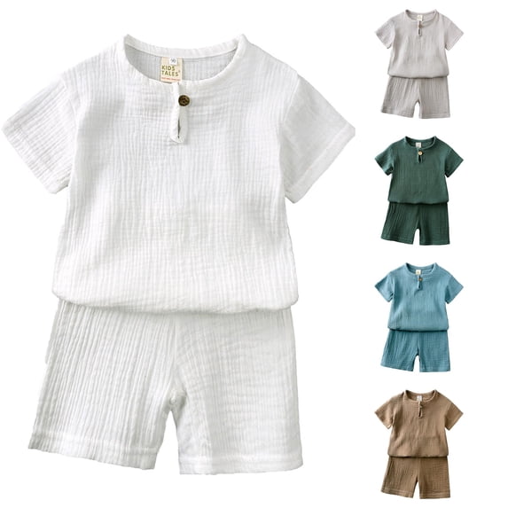 Toddler Boys' 2-Piece Outfit Set Solid Color Short Sleeve Crew Neck T Shirt Tops and Shorts Clothes Sets Size 4-5T ,White