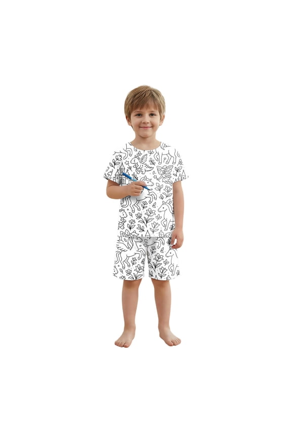 Toddler Boys 2 Piece Outfit Summer Doodle Print Short Sleeve Shorts Pajama Comfortable Kids Sleepwear Outfit Set Size 4-5T