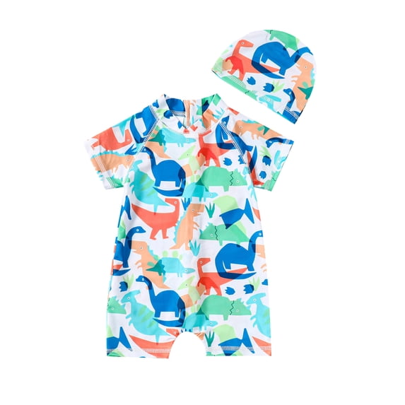 Toddler Boys 2 Piece Set Quick Dry Dinosaurs Ptints Swim Trunks Short Sleeve Swimwear With Hat Set