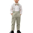 thumbnail image 1 of Toddler Boys 2 Piece Suit Outfits Long Sleeve Shirt Suspender Pants Formal Wedding Cotton Comfy Sets With Bow Tie (12-24M, Green), 1 of 9