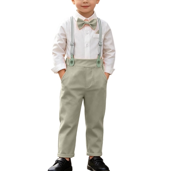 Toddler Boys 2 Piece Suit Outfits Long Sleeve Shirt Suspender Pants Formal Wedding Cotton Comfy Sets With Bow Tie (12-24M, Green)