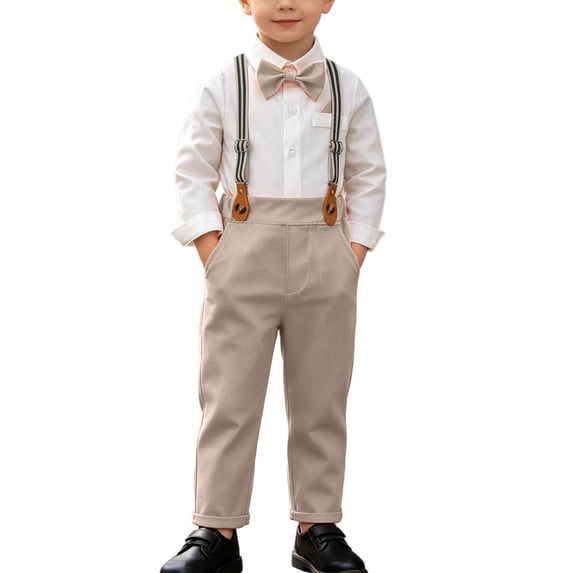 Toddler Boys 2 Piece Suit Outfits Long Sleeve Shirt Suspender Pants Formal Wedding Cotton Comfy Sets With Bow Tie (12-24M, Khaki)