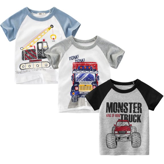 Toddler Boys 3-Pack Short Sleeve Excavator T-Shirt Basic Tops Car Shirt