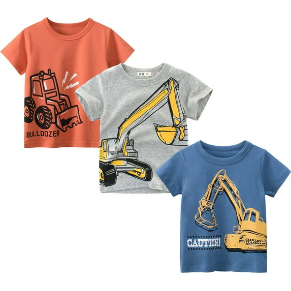 Toddler Boys 3-Pack Short Sleeve Excavator T-Shirt Basic Tops Car Shirt