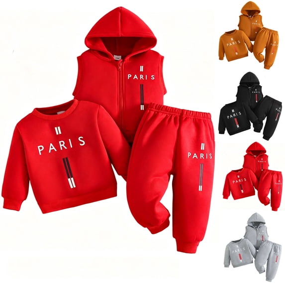 Toddler Boys 3 Piece Outfit Set, Long Sleeve Crewneck Sweatshirt, Zip-Up Hoodie & Elastic Jogger Pants, Casual Letter Print Activewear | CSEONE