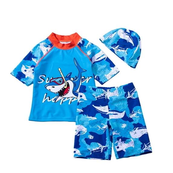 Toddler Boys 3-Piece Swimsuit Set Kids Boy Dinosaur Print Swimwear with Hat UPF 50+ Rash Guards Short Sleeve Bathing Suit for 2-10 Years