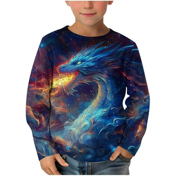 Toddler Boys 3D Digital Print Long Sleeve Loose Long Sleeve Top Dark Blue,2-3T