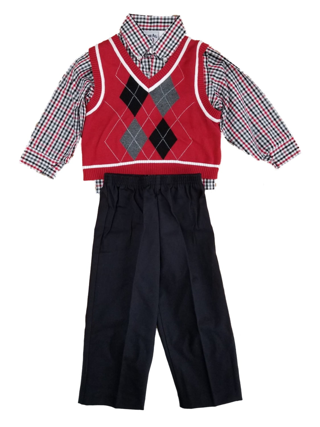 Toddler Boys 3pc Red Argyle Sweater Vest Plaid Shirt & Black Pant Set