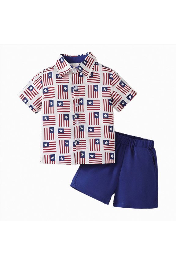 Toddler Boys 4th of July Outfit Print Lapel Button-Down Shirt Top and Solid Shorts Set Kids Boys Summer Clothes