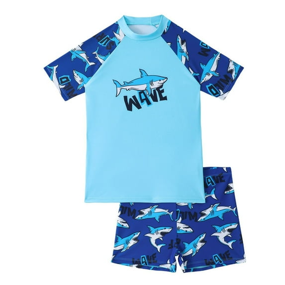 Toddler Boys Bathing Suit Cartoon Short Sleeve Quick Dry Swim Shirt and Swim Trunks for Boys 2 Piece UPF 50+ Set,Blue,7Y