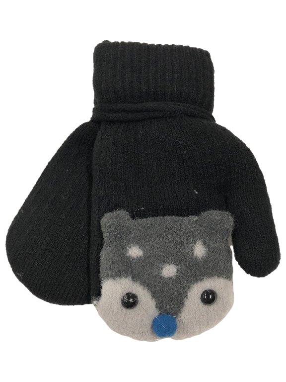 Toddler Boys Black Sherpa Lined Teddy Bear Mittens with String Attachment