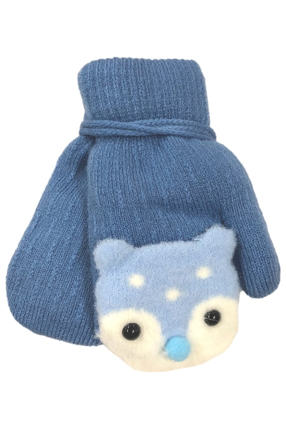 Toddler Boys Blue Sherpa Lined Teddy Bear Mittens with String Attachment