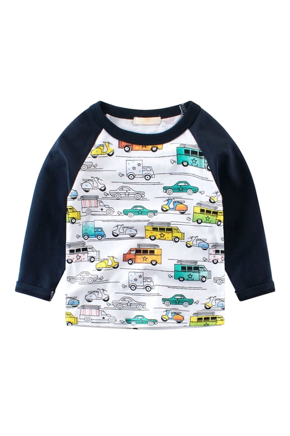 Toddler Boys Car Print Raglan 3/4 Sleeve Tee For Playground Daily Kindergarten Play