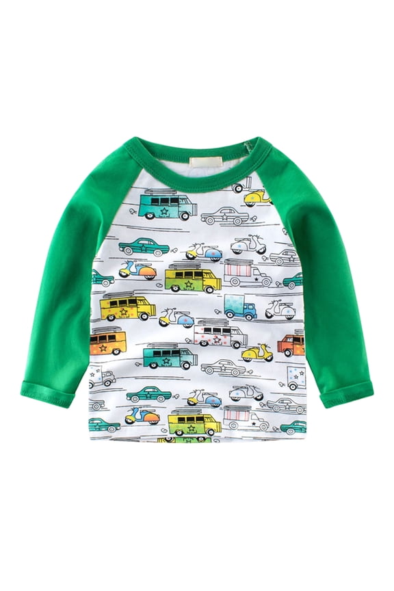 Toddler Boys Car Print Raglan 3/4 Sleeve Tee For Playground Daily Kindergarten Play