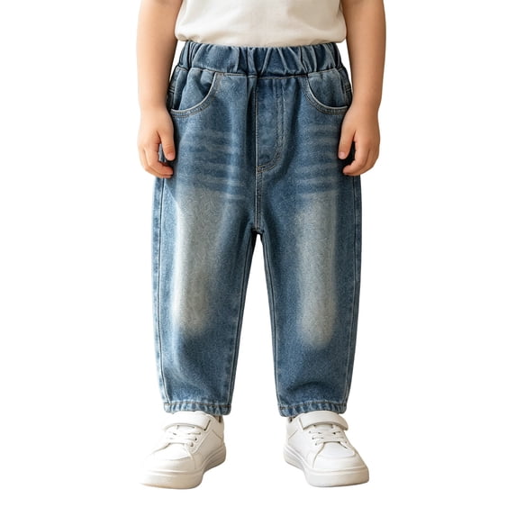 Toddler Boys Cargo Jeans Casual Elastic Waist Blue Straight-Leg Denim Pants with Multi-pocket Boy Light Wash Loose Baggy Jean