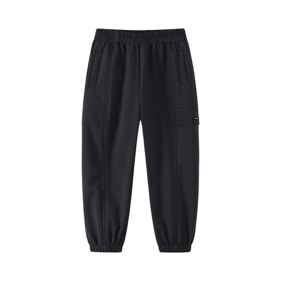 Toddler Boys Cargo Sweatpants, Winter Thick Fleece Lined Jogger Pants with Pockets Solid Color Elastic Waist Casual Joggers