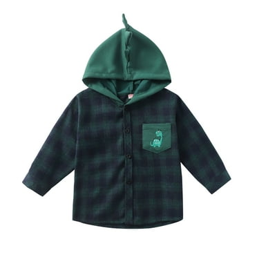 Toddler Boys Cartoon Dinosaur Jacket Plaid Long Sleeve Kids Hooded Tops Outwear Green,4-5T
