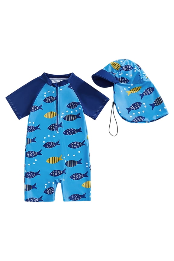 Toddler Boys Cartoon Pattern Swimwear With Hooded Rash Guard Swim Trunks Beach Pool Clothes