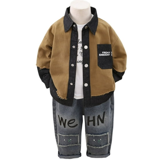 Toddler Boys Casual Jacket and Pants Set Long Sleeve Button Front Shirt Denim Pants Outfit with Letter Print Pocket Design