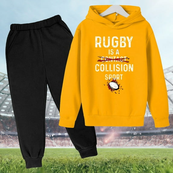 Toddler Boys Casual Outfit Sets Autumn Winter Letter Rugby Print Vintage Hooded Long Sleeve Sweatshirts With Sweatpants 2 Piece Tracksuit Streetwear