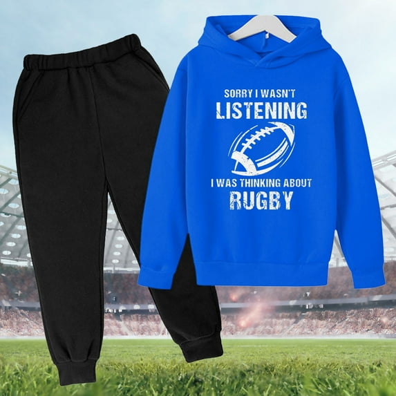 Toddler Boys Casual Outfit Sets Autumn Winter Rugby Letter Print Hooded Long Sleeve Sweatshirts With Sweatpants 2 Piece Tracksuit Outwear