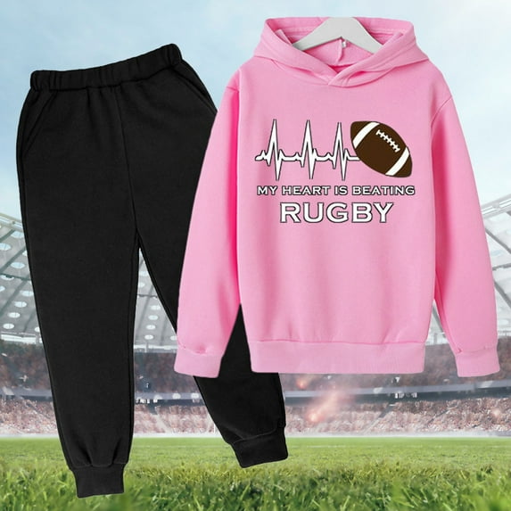 Toddler Boys Casual Outfit Sets Autumn Winter Rugby Letter Print Vintage Hooded Long Sleeve Sweatshirts With Sweatpants 2 Piece Tracksuit Activewear