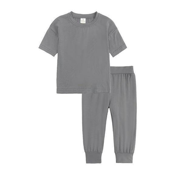 Toddler Boys Casual Outfit Sets Kids Solid Color Crew Neck Short Sleeve Shirt Pajamas Sleepwear Two Piece Tops And Pants Activewear,Gray,8-9 Years