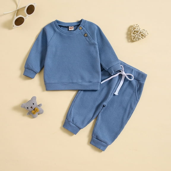 Toddler Boys Casual Outfit Sets Solid Color Crew Neck Long Sleeve Sweatshirts Tops With Waist Drawstring Pants 2Pcs Streetwear
