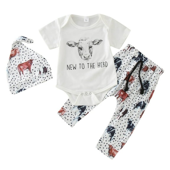 Toddler Boys Casual Outfit Sets Summer Clothes Short Sleeve Romper Bodysuit Cartoon Cow Prints Pants Hat 3 Pieces White Beach Playwear Set 12-18M