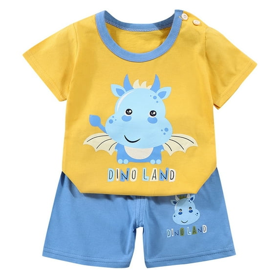 Toddler Boys Casual Outfit Sets Summer Infant Cartoon Animal Print Crew Neck Short Sleeve Shirt Tops With Shorts Two Piece Set Sportwear,Yellow,3-4 Years