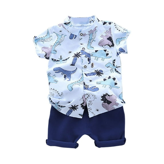 Toddler Boys Casual Outfit Sets Summer Thin Cartoon Dinosaur Print Crew Neck Short Sleeve Shirt Tops With Solid Color Shorts Two Piece Set Outwear,Blue,3-4 Years