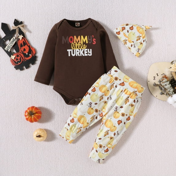Toddler Boys Casual Outfit Sets Thanksgiving Turkey Letter Print Crew Neck Long Sleeve Rompers With Pumpkin Pants Hat 3Pcs Streetwear