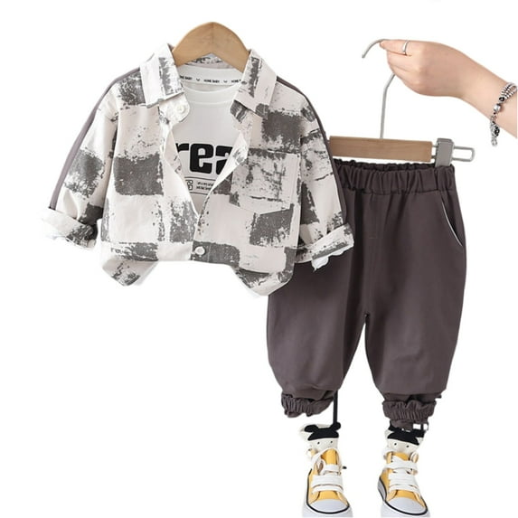 Toddler Boys Casual Plaid Shirt and Pants Set Long Sleeve Button Down Top with Elastic Waist Trousers Outfit for Kids