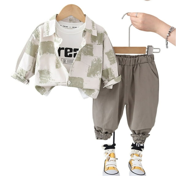 Toddler Boys Casual Plaid Shirt and Pants Set Long Sleeve Button Down Top with Elastic Waist Trousers Outfit for Kids