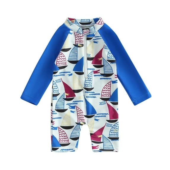 Toddler Boys Casual Romper Swimwear Long Sleeve Ships Print Zipper Bathing Suits