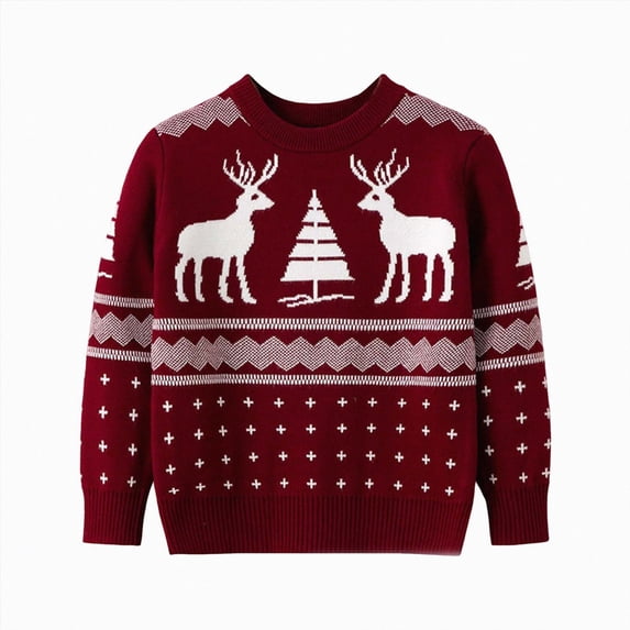 Toddler Boys Christmas Deer and Tree Jacquard Knit Sweater,Crewneck Long Sleeve Holiday Pullover 6-7 Years