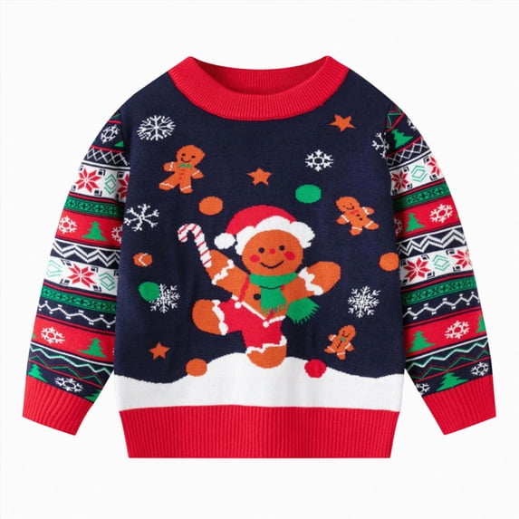 Toddler Boys Christmas Holiday Knit Pullover Sweater, Festive Reindeer Santa Gingerbread Graphic Crewneck Top 3-4 Years