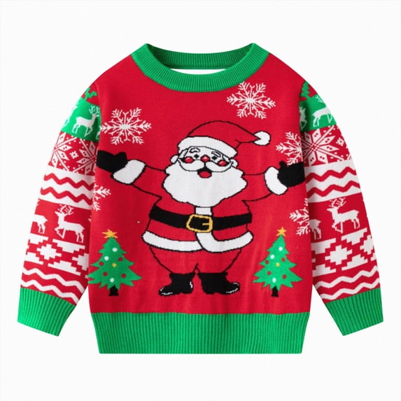 Toddler Boys Christmas Holiday Knit Pullover Sweater, Festive Reindeer Santa Gingerbread Graphic Crewneck Top 5-6 Years