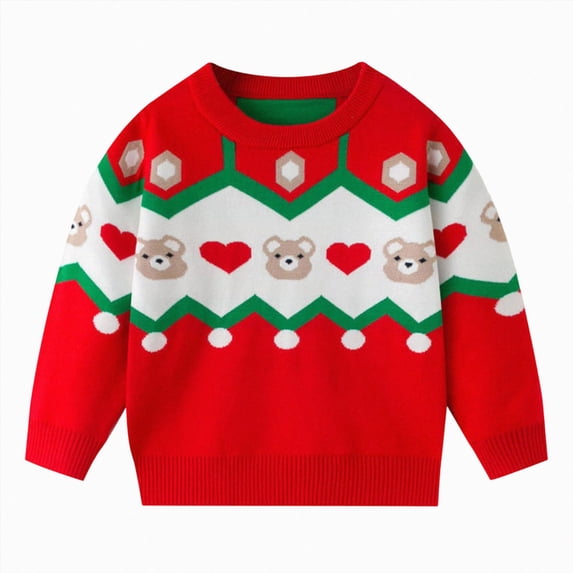Toddler Boys Christmas Holiday Knit Pullover Sweater, Festive Reindeer Santa Gingerbread Graphic Crewneck Top 6-7 Years