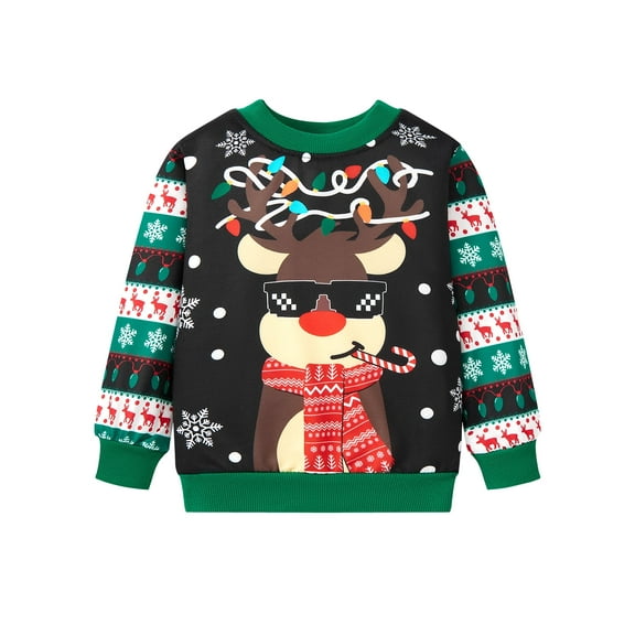 Toddler Boys Christmas Sweatshirts Long Sleeve Fleece Pullover Shirts Reindeer Sweater Cartoon Tee Sport Tops 2T