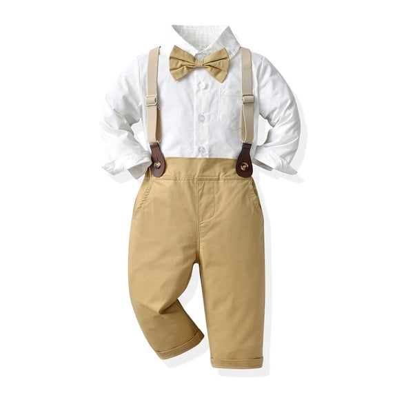 Toddler Boys Clothes 3-Piece Long Sleeve Solid T Shirt Tops Suspenders Pants Outfits Fall Winter Spring Outfits Size 18-24 Months ,Brown