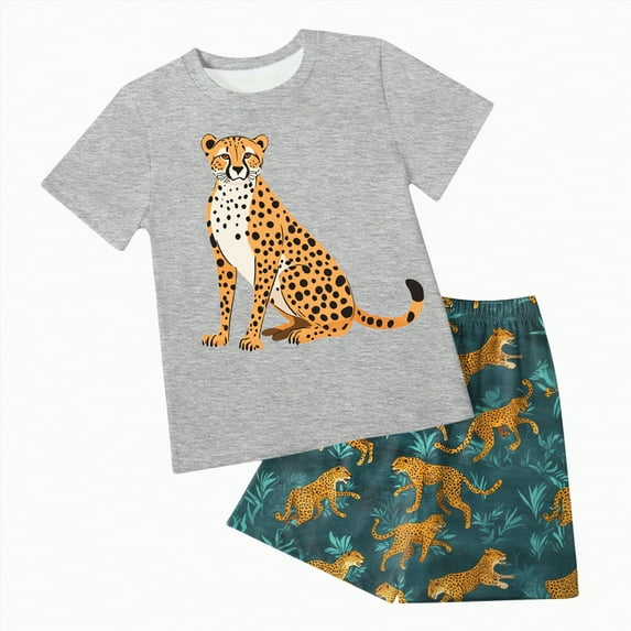 Toddler Boys Clothes Baby 2PCS Shorts Set Kids Spring Summer Animal Print Short-sleeved Training 12 18 24 Month 3T 4T 5T T-shirt Tops+Shorts Outfits School Wear T-Shirt +