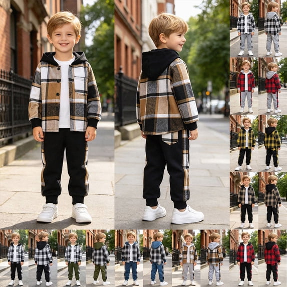 Toddler Boys Clothes Long Sleeve Flannel Plaid Button Shirt +Cargo Pants 2 Pcs Fall Winter Kids Outfits Set Sweat Sets