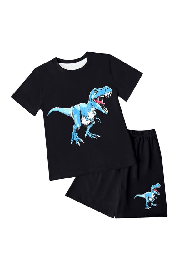 Toddler Boys Clothes Set Short Sleeve Cartoon Dinosaur Printed Tees + Stretchy Shorts 2Pcs Summer Clothes Sets Cool Loose Fit Kids Outfit Sets Lovely Child'S Dailywewar